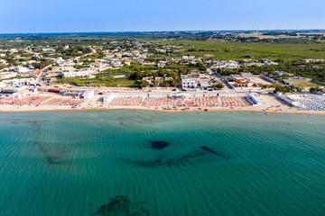 Aerial view, public beach by the sea, Spiaggiabella Beach,, Torre Rinalda, Lecce, Apulia, Italy