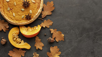 Top view autumn frame with pie and pumpkin