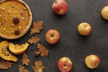 Top view assortment with pie and apples