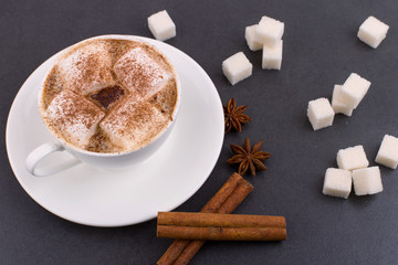 Cup of coffee with marshmallows and cocoa, sugar, cinnamon and star anise, on a gray stone background.