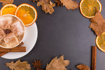 Cup of coffee with marshmallows and cocoa, leaves, dried oranges, cinnamon and star anise, gray stone background. Tasty hot autumn drink. Copy space.