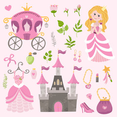 Vector set of beautiful princess, castle, carriage and accessories.