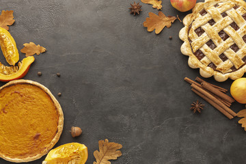 Top view assortment with tasty pie and leaves