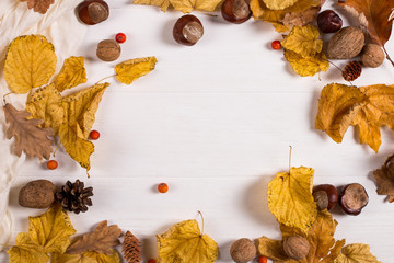 Scarf, chestnuts, nuts and dry leaves on a wooden table. Autumn background, copy space.