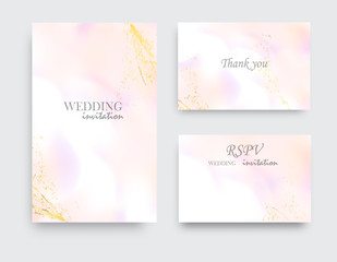 Vector wedding invitation set with liguid fluis background. Rose gold foil marble decoration luxury design.