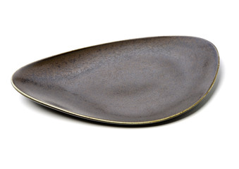 Empty brown earthenware plate on white background