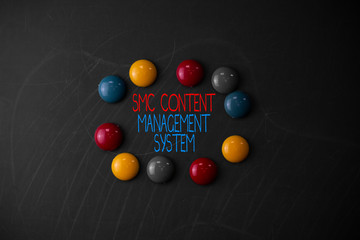 Conceptual hand writing showing Smc Content Management System. Concept meaning analysisgae creation and modification of posts Round Flat shape stones with same sizes stick black board