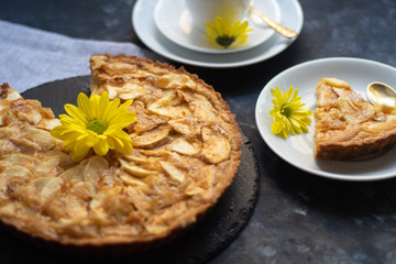 Charlotte apple pie in a round shape, decorated with fan-laden apple slices from the top, a piece of cake next to it, a cup of coffee, autumn leaves, all against a dark background. 