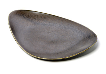 Empty brown earthenware plate on white background