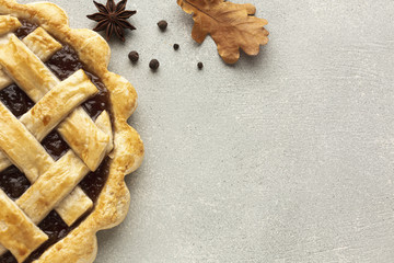 Above view assortment with sliced pie and leaves