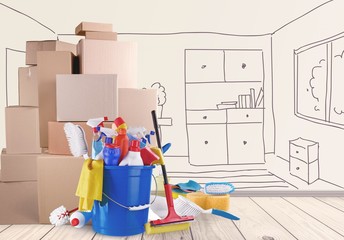 Cleaning supplies with moving boxes on background
