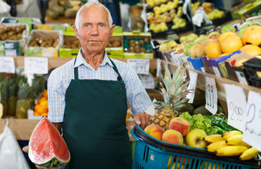 Obraz premium Elderly salesman working in greengrocery