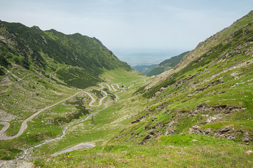 The winding Transfagarasan road, high up view of one of the most famous roads in Europe, crossing the southern section of the Carpathian Mountains, Fagaras, Romania