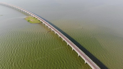 Drone shot aerial view scenic landscape of the bridge with train railway over a big river