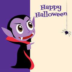 Happy Halloween. Cartoon cute Dracula vampire pointing to Halloween signboard - vector character