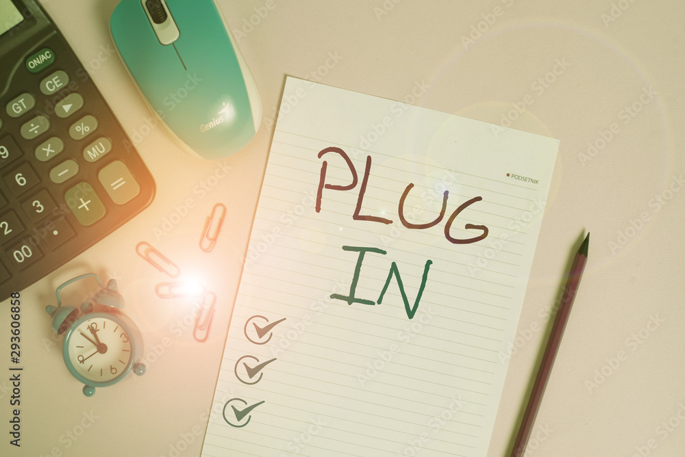 Aufkleber writing note showing plug in. business concept for putting device into electricity to turn it on pow