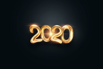 Lettering 2020 happy new year. Gold metallic numbers 2020 on a dark background. 3d illustration, 3D render. Festive design of merry christmas.