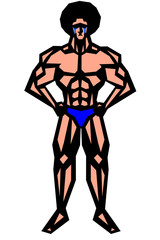 アフロ,筋肉,ボディビル,マッチョ,ポーズ,全身,パンツ,ビキニ,白背景,版画,喜怒哀楽,表情