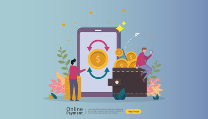 mobile payment or money transfer concept. E-commerce market shopping online illustration with tiny people character. template for web landing page, banner, presentation, social media, print media.