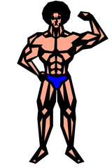 アフロ,筋肉,ボディビル,マッチョ,ポーズ,全身,パンツ,ビキニ,白背景,版画,喜怒哀楽,表情