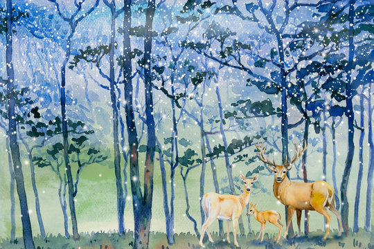 Paintings snow falls in forest winter and deer family. © Painterstock
