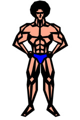 アフロ,筋肉,ボディビル,マッチョ,ポーズ,全身,パンツ,ビキニ,白背景,版画,喜怒哀楽,表情