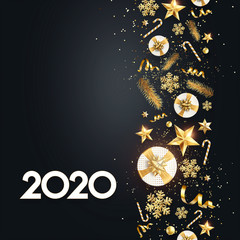 Lettering 2020 happy new year. White numbers 2020 on a dark background gifts confetti toys. 3d illustration, 3D render. Festive design, merry christmas.