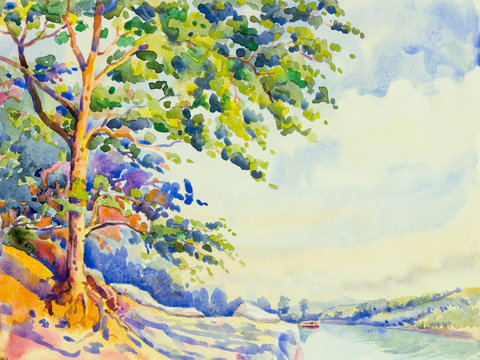 Watercolor landscape painting of tree river with cottage.