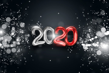 Lettering 2020 happy new year. Silver and red numbers 2020 on a dark background. 3d illustration, 3D render. Festive design, merry christmas.