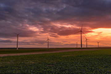 Eolienne et coucher de soleil en campagne