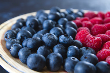 Fresh blueberries and raspberries close up