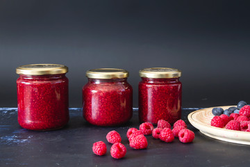 Fresh homemade raspnerry jam and fruits