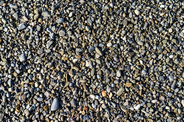 Sea pebbles background on the sunny beach close up