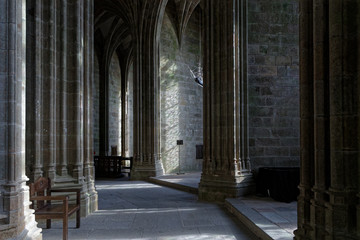 Inside the church. One of most recognisable french landmarks, visited by 3 million people a year, Mont Saint-Michel and its bay are on the list of World Heritage Sites.