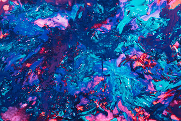 Colorful creative abstract art background. Blue and pink wet acrylic paint splash.