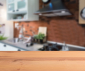 abstract blur inside interior contemporary kitchen loft decoration style with wood plank perspective background for show promote content ,product on disply