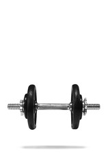 Dumbbell in the air, One isolated dumbbell with copy space background 
