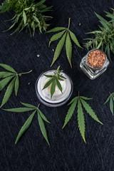 Natural cannabis cream, hemp, moisturizing CBD lotion. Cosmetic product. Vertical orientation