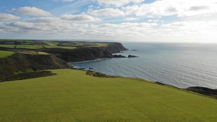 An aerial view over the coast line at Welcombe mouth, Devon. 