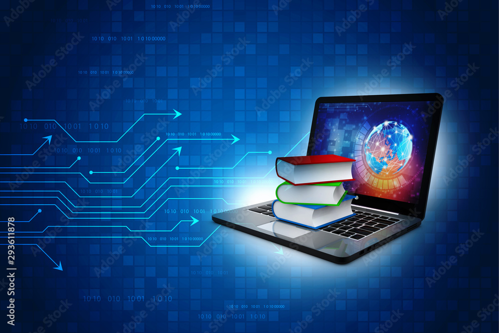 Poster digital library and online education concept - laptop computer with colorful books. 3d rendering
