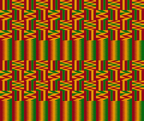 Kente ceremonial cloth pattern. African decorative textile background in yellow, green and red color.