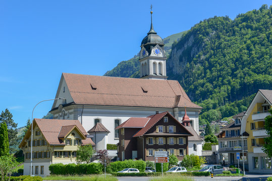 Central square of Wolfenschiessen on the Swiss alps