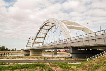 Fototapeta premium Novi Sad, Serbia - July 17. 2019: Zezelj bridge on river Danube in Novi Sad Serbia