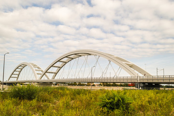 Fototapeta premium Novi Sad, Serbia - July 17. 2019: Zezelj bridge on river Danube in Novi Sad Serbia