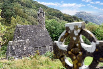 Monastic cemetery of Glendalough, Ireland. Famous ancient monastery in the wicklow mountains with a...