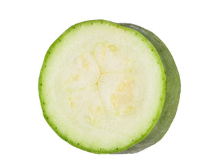 one piece of a young juicy ripe green zucchini on a white background
