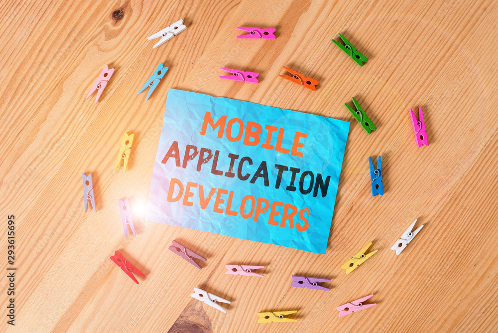 Poster word writing text mobile application developers. business photo showcasing create software for devic