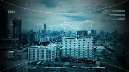 Drone shot aerial view scenic landscape of the city and HUD user interface with graph bar scale for cyber and futuristic concept with dark and grain processed