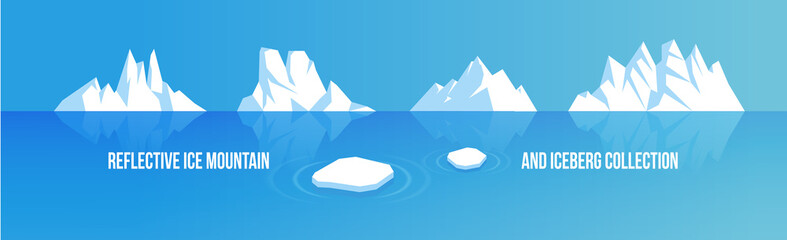 Ice mountain and iceberg illustration collection, set of rocky snowy mountains with ocean water reflection vector template