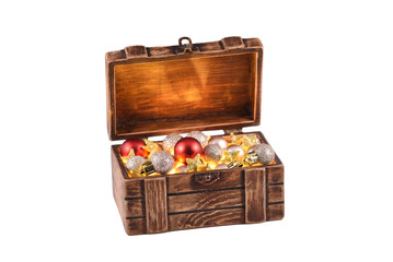 full treasure chest of christmas decorations on isolated background